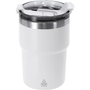 A drink bottle in white with a stainless-steel base and a transparent lid, featuring a logo.