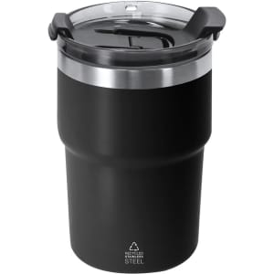 A travel mug with a black exterior, stainless steel band, and transparent lid featuring a logo.