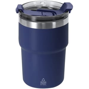 A drink bottle in navy blue stainless steel with a clear lid and a silicone grip. Features a logo on the front.