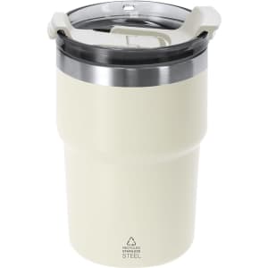 A drink bottle in off-white with a stainless steel base and a transparent lid, featuring a logo.
