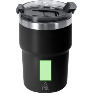 A black insulated travel mug with a clear lid and a logo, featuring a green accent.