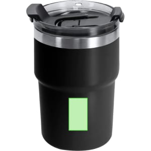 A travel mug in black with a transparent lid, featuring a silver band and a logo on the surface.