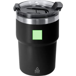 A drink bottle featuring a black design with a silver band and a translucent lid. It has a logo on the front.