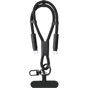 A black charging cable with fabric braiding and dual connectors, featuring a carabiner clip for attachment.