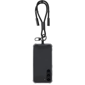 A black charging cable with a holder attached, designed for phones. It features a sleek, minimalist style.