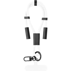 A white and black charging cable with a carabiner clip, featuring flexible segments for easy handling.
