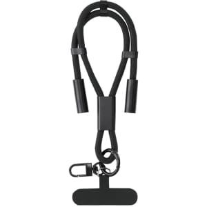 A black charging cable holder featuring flexible, braided design with secure clips and a hook attachment.