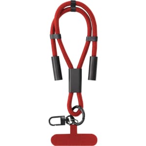 A red charging cable with a braided design, featuring black ends and a detachable clip for convenience.