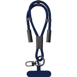 A navy charging cable with dual connectors, featuring a sleek design and a clip for easy attachment.