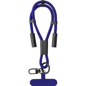 A purple charging cable holder featuring black connectors and a carabiner clip for easy attachment.