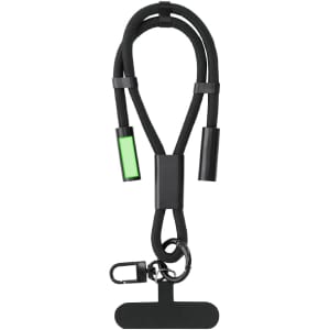 A charging cable holder in black with a green section and a clip for attachment. It features a sleek, flexible design.