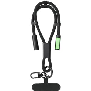 A black charging cable holder with green accents and a clip attachment. It features a textured, woven design.