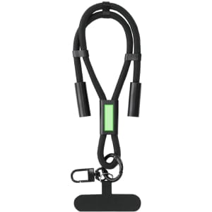 A black charging cable holder with a green accent and a clip attachment. The design includes two cable sections.