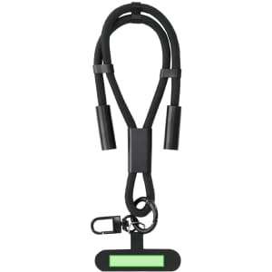 A black charging cable with green accents, featuring clips and a sturdy design for phone charging.