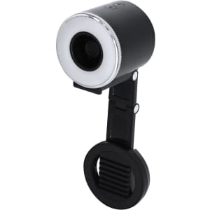 A black Tangix Fan Ring Light featuring a circular light and adjustable clip for attachment.
