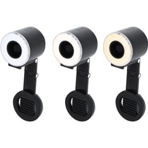 A set of three black Tangix Fan Ring Lights with adjustable clips and different light settings.