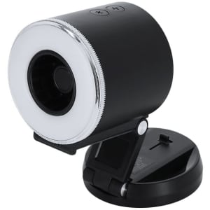 A black ring light with adjustable brightness, featuring buttons on the side and a sturdy base for support.
