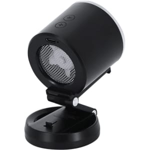 A black portable speaker with a cylindrical design, featuring control buttons and a mesh grille on the front.