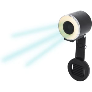A black Tangix Fan Ring Light with a circular light source and adjustable clip, projecting light beams.