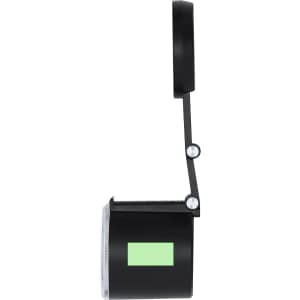 A black ring light with a flexible arm and a circular design, featuring a small green area on its side.