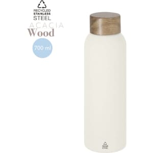 A drink bottle made of recycled stainless steel with a white finish and an acacia wood lid, holding 700 ml.