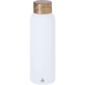 A drink bottle with a sleek white body and a wooden lid, featuring a logo at the base.