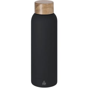 A drink bottle in matte black with a wooden lid and a branding logo at the base.