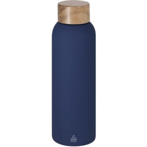 A drink bottle in navy blue with a wooden cap, featuring a logo on the body.
