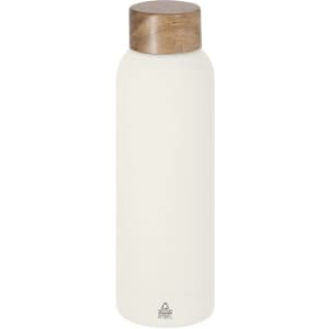A drink bottle in cream with a wooden lid. The design features a simple, modern aesthetic and includes branding.