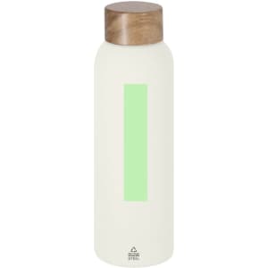 A drink bottle in white with a green stripe and a wooden lid, featuring a logo on the base.