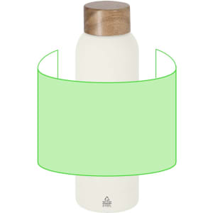 A drink bottle in cream with a wooden lid, featuring a logo and a sleek, modern design.