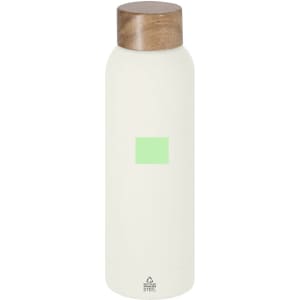 A drink bottle in cream with a green square and a wooden lid. It features a logo at the base.