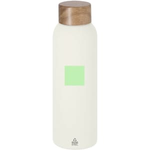 A drink bottle in matte white with a wooden cap, featuring a simple green square design. It has a logo on the bottom.