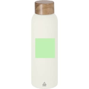 A drink bottle in cream with a wooden lid and a green square. Features a logo on the base.