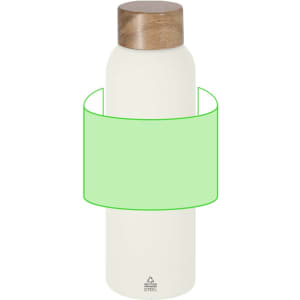 A drink bottle in cream with a wooden cap and a logo, featuring a sleek design and smooth finish.