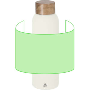 A drink bottle in cream with a wooden lid, featuring a logo on the base.
