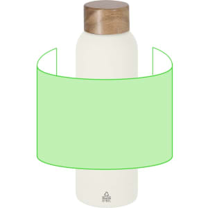 A drink bottle with a sleek white body and a wooden lid. It features a logo on the bottom.