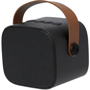 A black portable speaker with a brown handle and control buttons on top. It features a simple, modern design.
