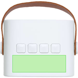 A white speaker with a brown handle and control buttons on the front. It features a blank area for branding.