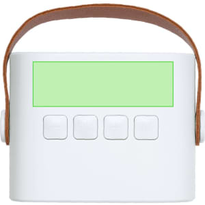 A white speaker with a leather handle and control buttons, featuring a green display area.