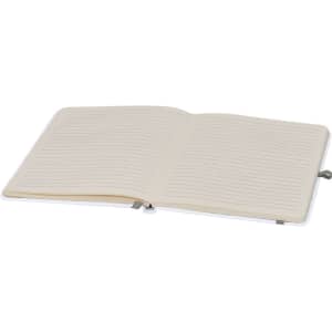 An open notepad with lined pages, featuring a white cover and a ribbon marker. It has a logo on the front.
