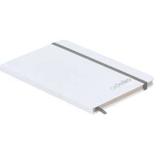 A white notepad with a grey elastic band, featuring a logo on the cover and a ribbon marker.