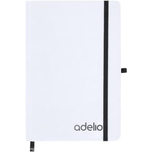 A white notepad featuring a black elastic band and logo, designed for office and business use.