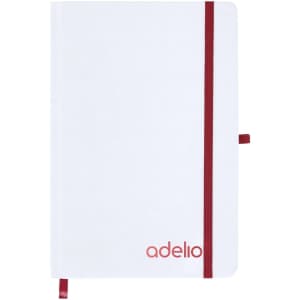 A notepad with a white cover and a maroon elastic band, featuring a logo on the front.