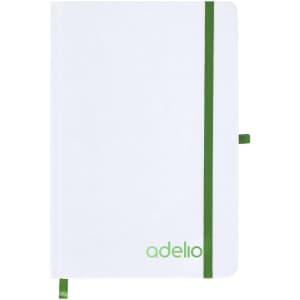 A white notepad with a green elastic band and matching bookmark, featuring a logo on the front cover.