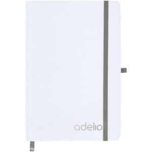 A white notepad with a grey elastic band and branding on the front cover.