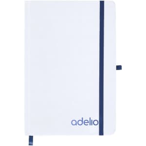 A notepad with a white cover and a navy blue elastic band, featuring a logo in the bottom corner.
