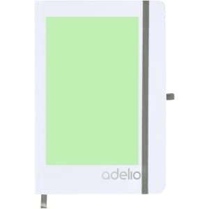 A white notepad with a green section on the front and a grey elastic band, featuring a branding logo.