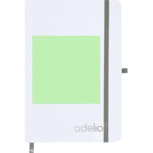 A white notepad with a green square design, featuring a grey elastic band and branding on the cover.