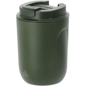 A drink bottle featuring an insulated design in dark green with a secure lid and a logo on the side.